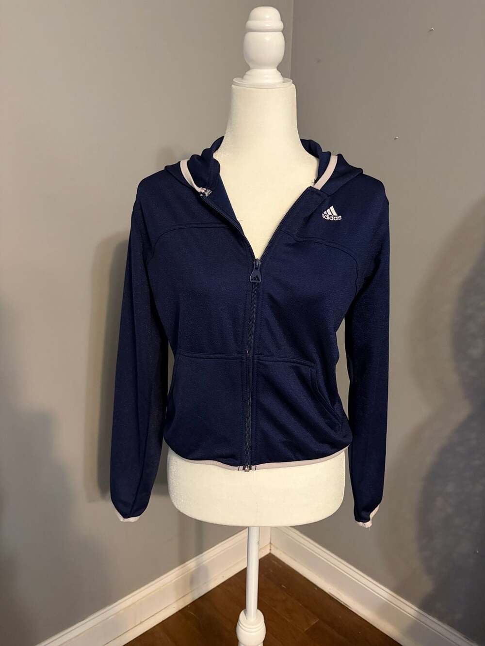 Adidas Climalite 3 Stripe Zip-Up Hoodie Jacket, Size S, Navy Blue with White Acc